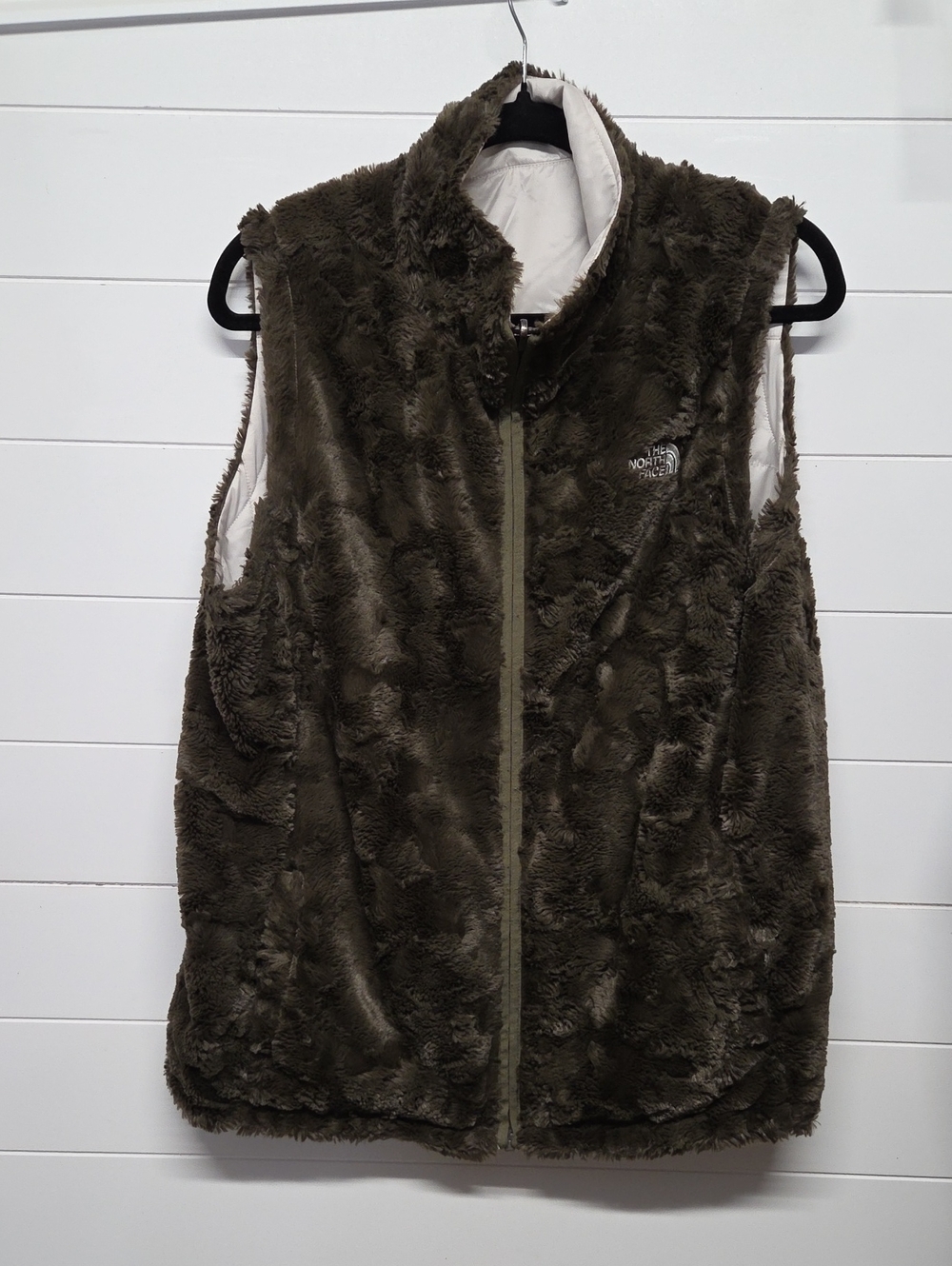 The North Face Reverible Women's Olive Brown Faux Fur Vest Size Large